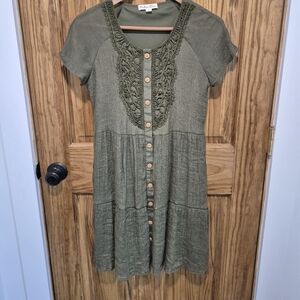 Indigo Rose Green Button-Front Crochet Yoke Dress